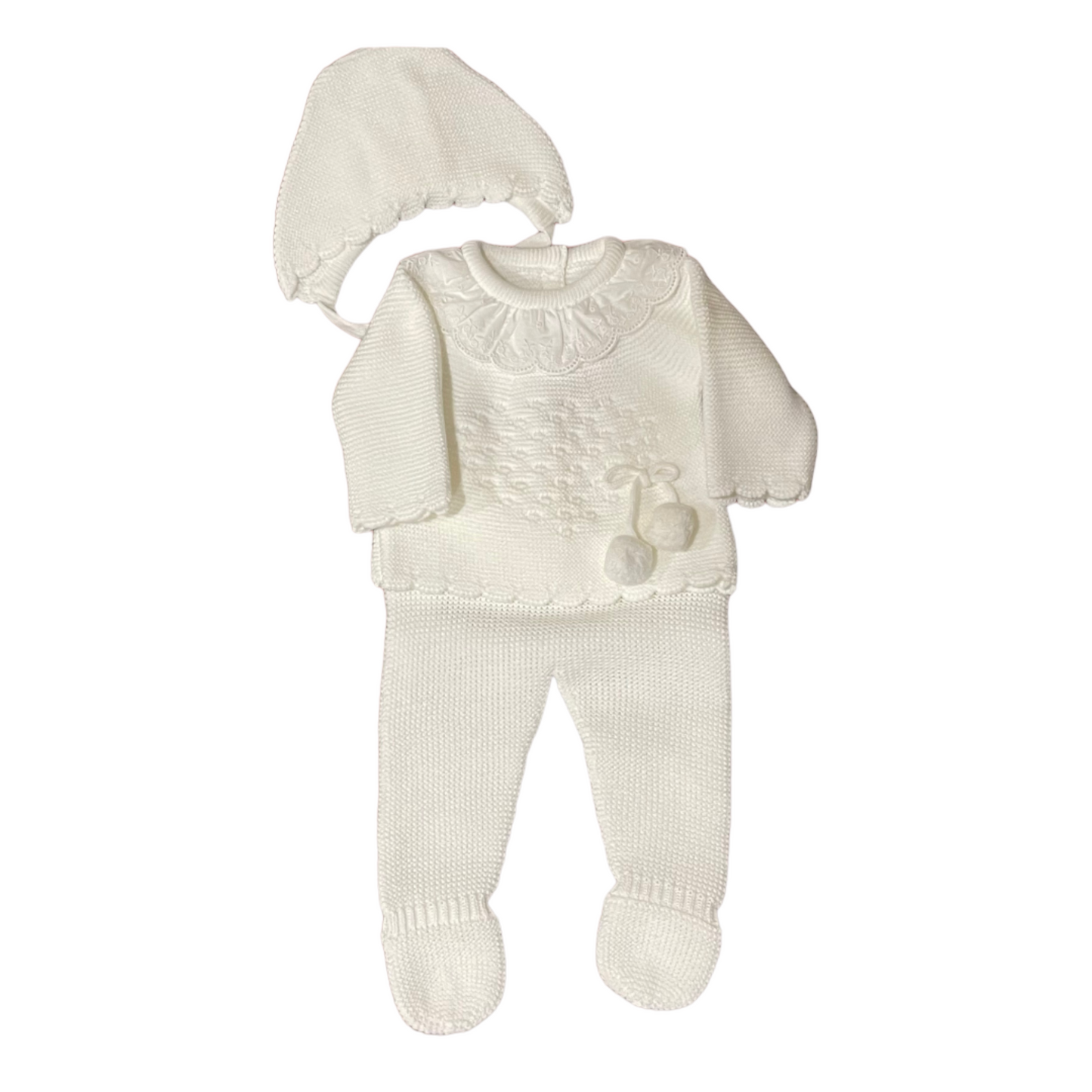 Conjunto de punto tres piezas con cuello olán y moño con pon-pones