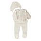 Conjunto de punto tres piezas con cuello olán y moño con pon-pones